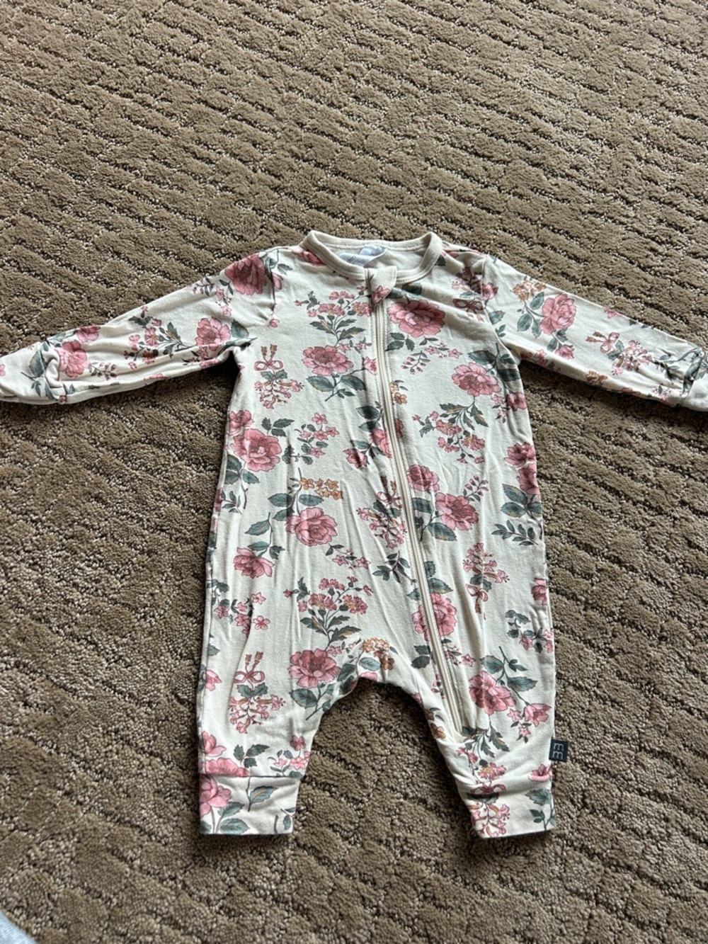 Floral Zip-Front Baby Footie Romper - Cream with Pink Roses